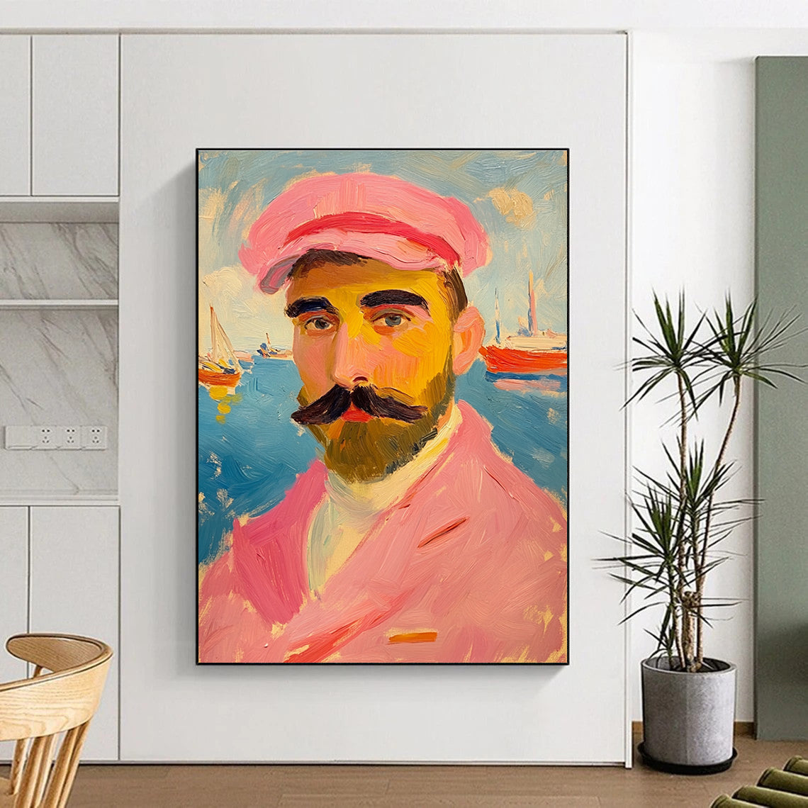 Man with Pink Hat Impressionistic Portrait Abstract Painting GAB0322