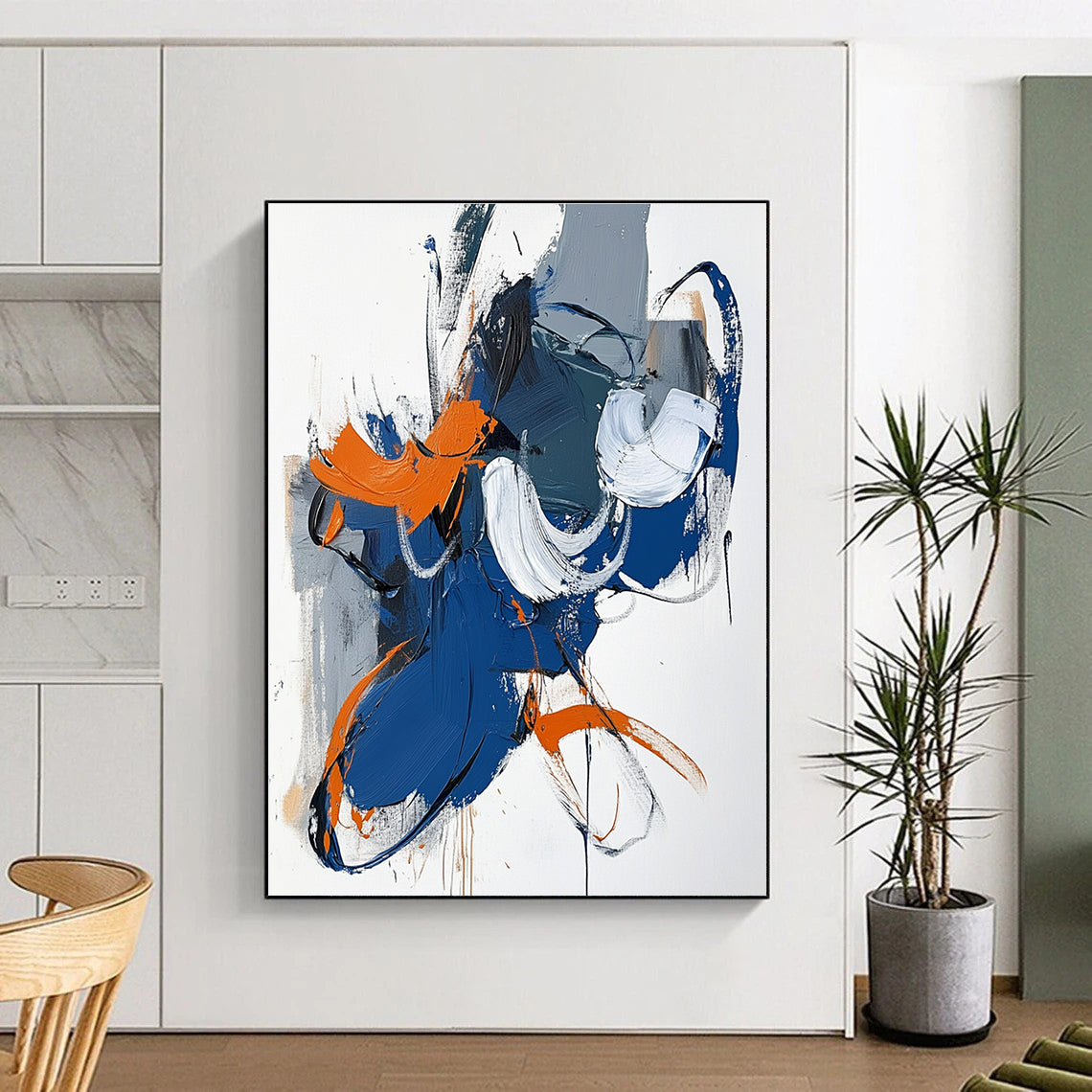 Blue Orange White Abstract Painting with Playful Brushstrokes WINK595