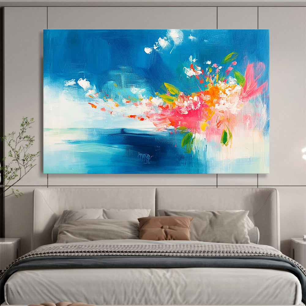Blue Sky and Colorful Flowers Abstract Painting with Expressive Brushwork ABS394