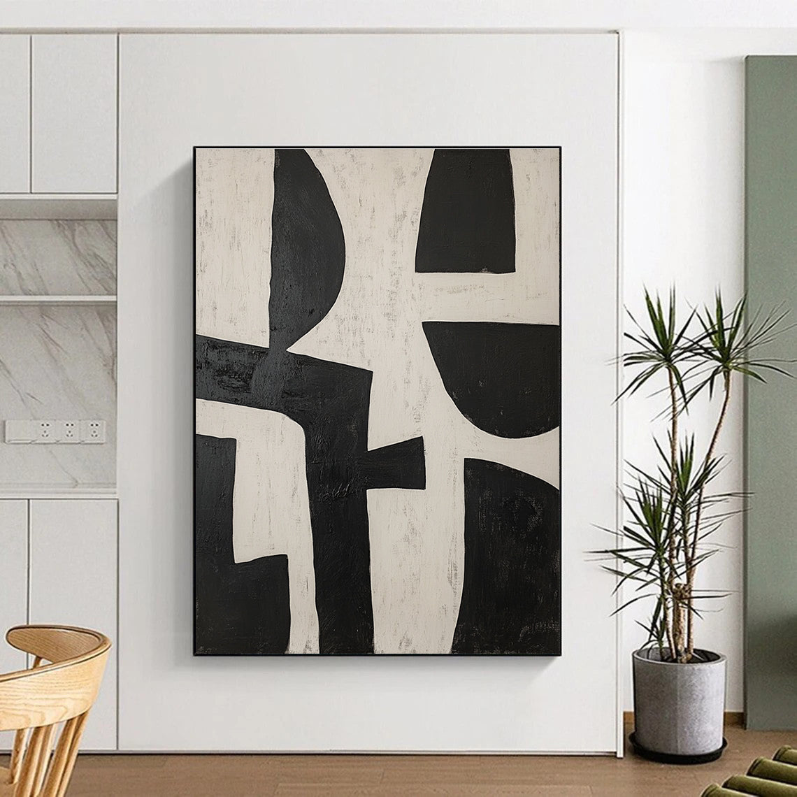 Black and White Geometric Interplay Abstract Painting with Bold Simplicity WINK238