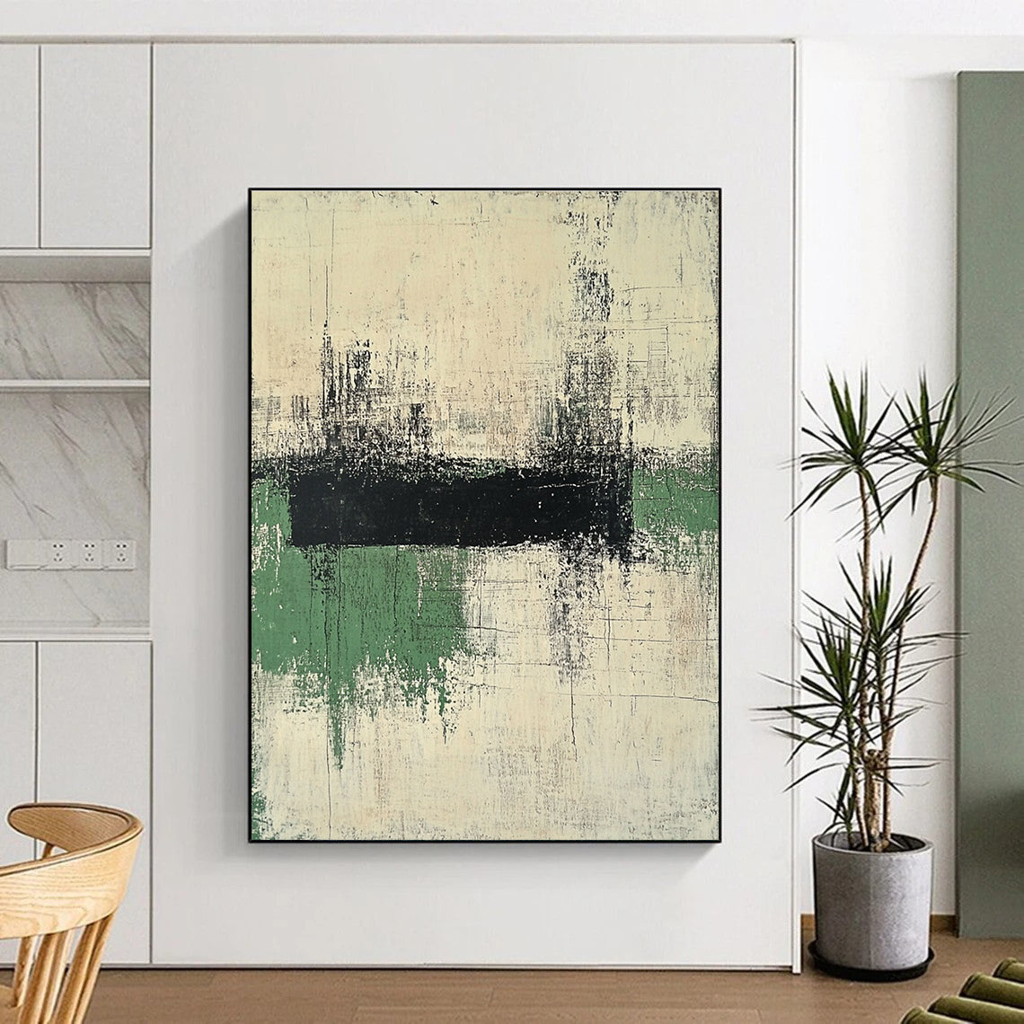 Black Green White Abstract Painting with Textured Simplicity WINK561
