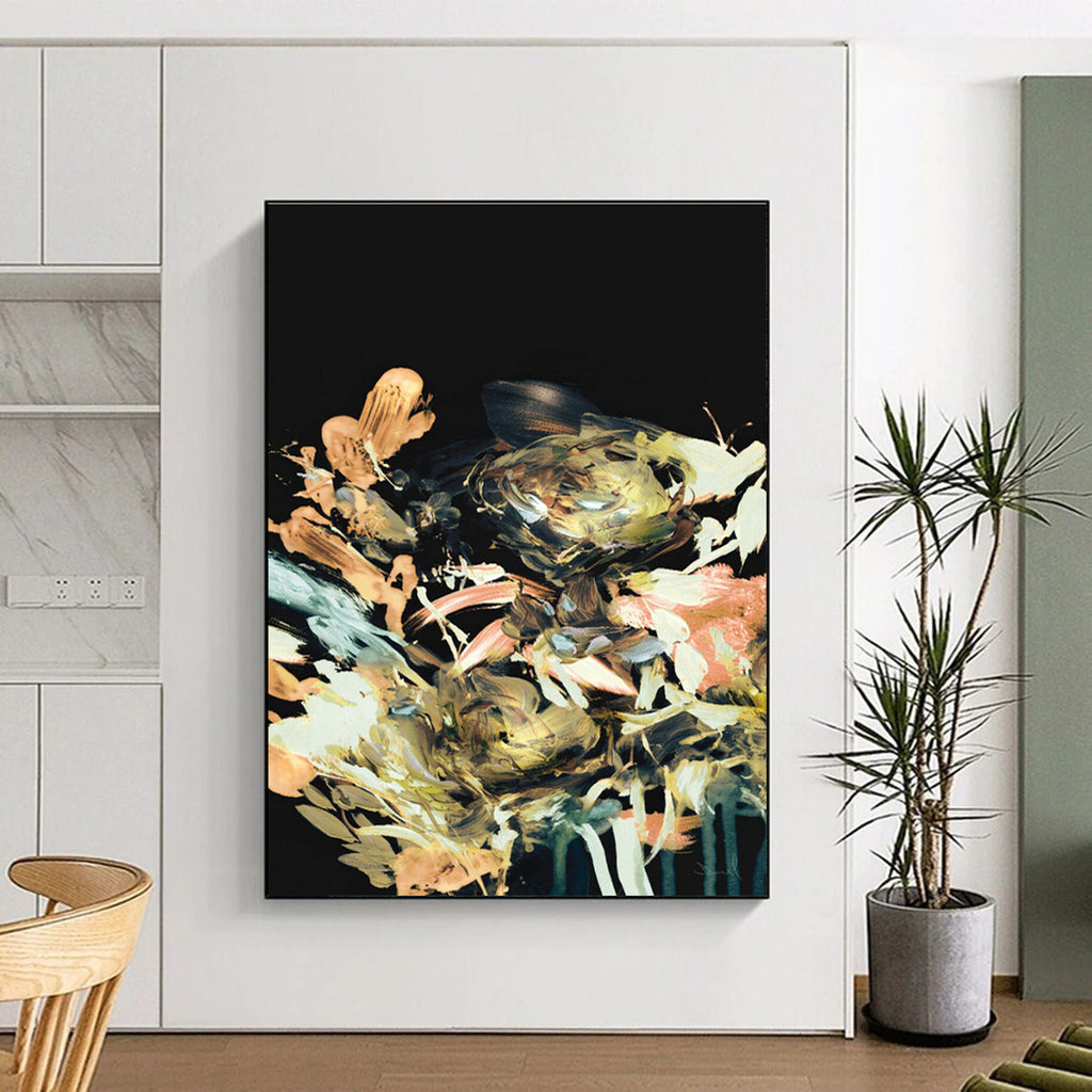Colorful Floral Abstract on Black Painting for Luxury Home Dining Rooms HENG171