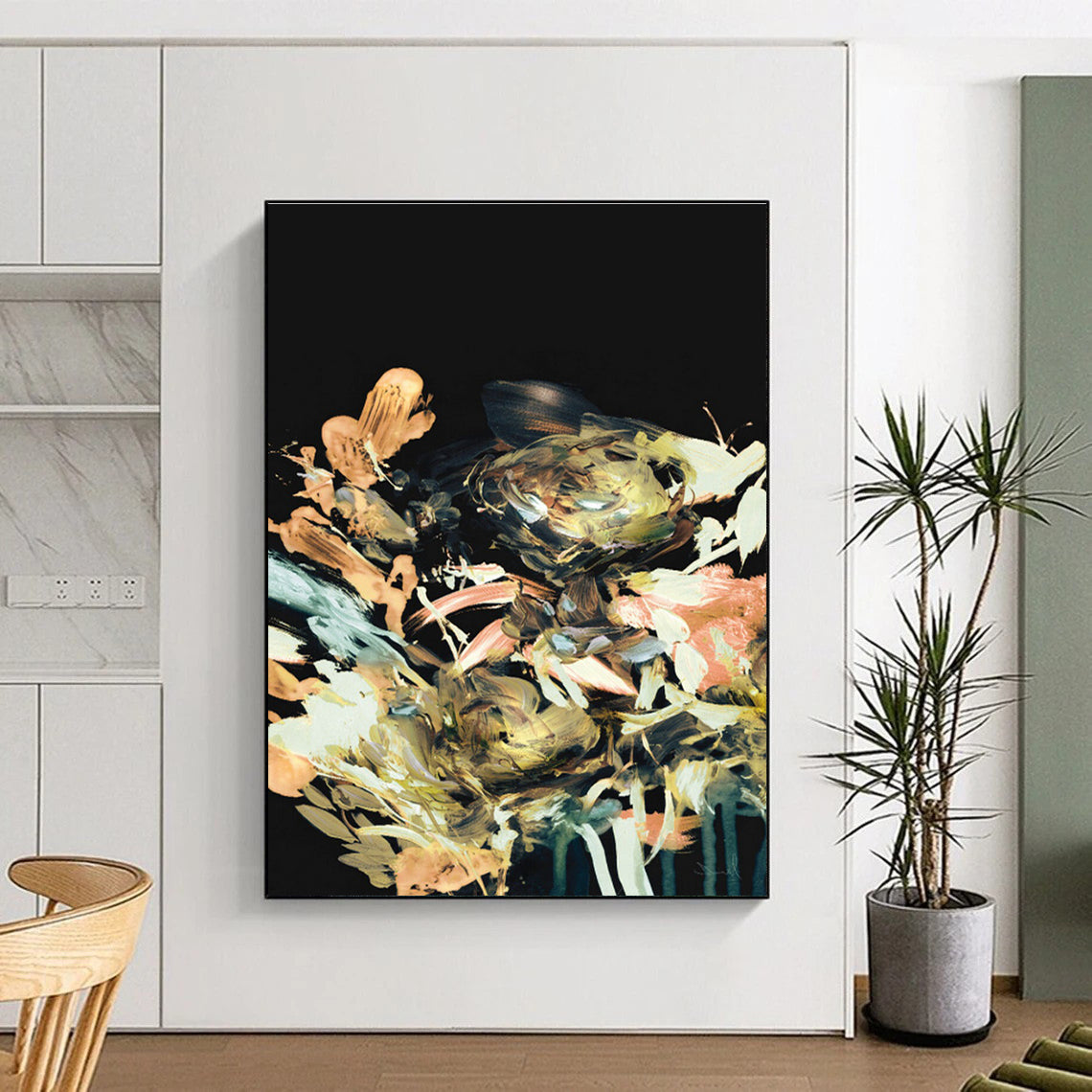 Colorful Floral Abstract on Black Painting for Luxury Home Dining Rooms HENG171