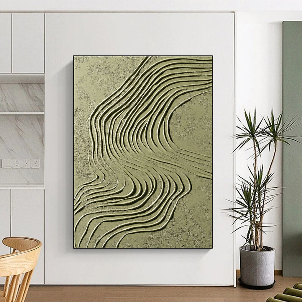 Green Curved Lines on Light Green Abstract Painting with Flowing Textures GAB0064