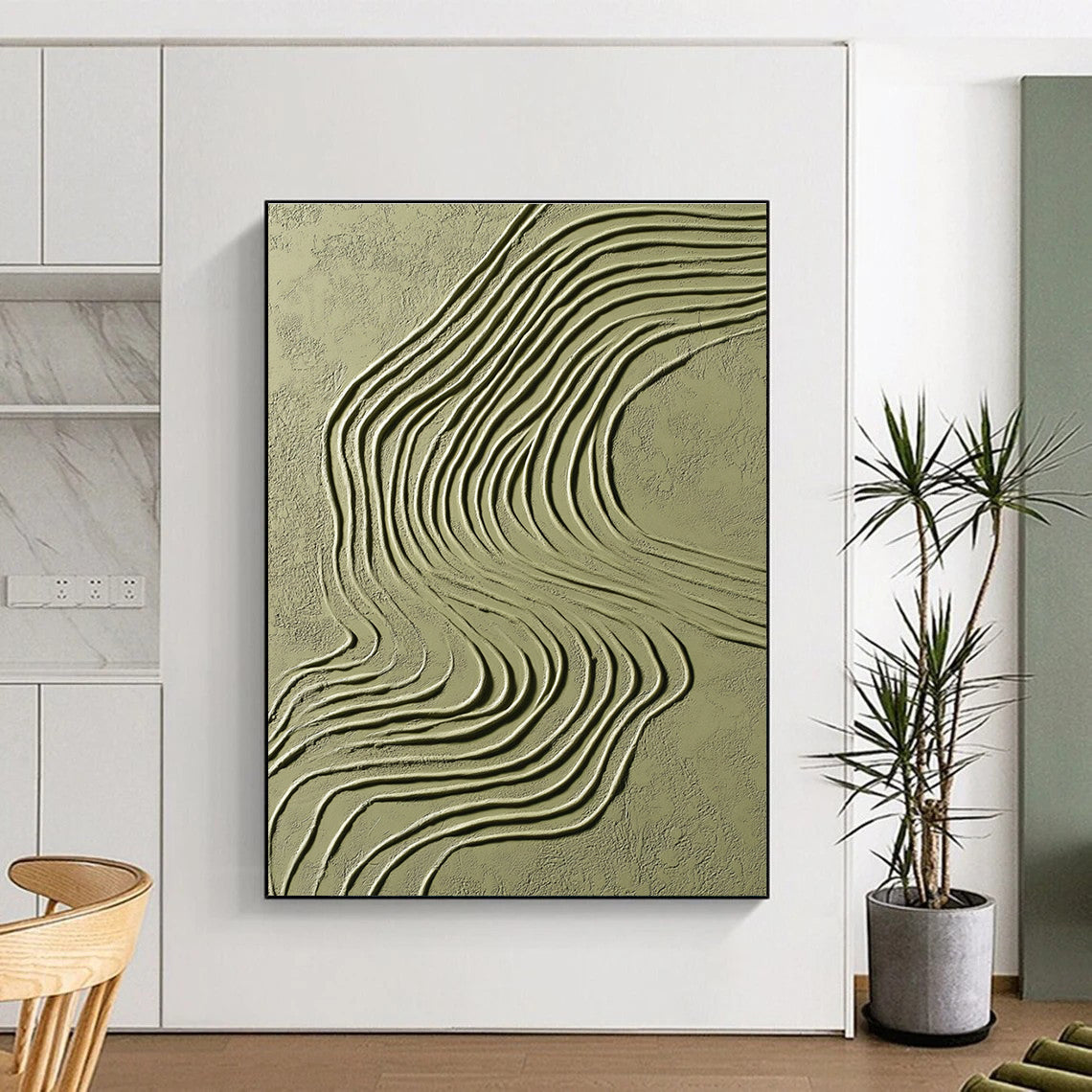Green Curved Lines on Light Green Abstract Painting with Flowing Textures GAB0064