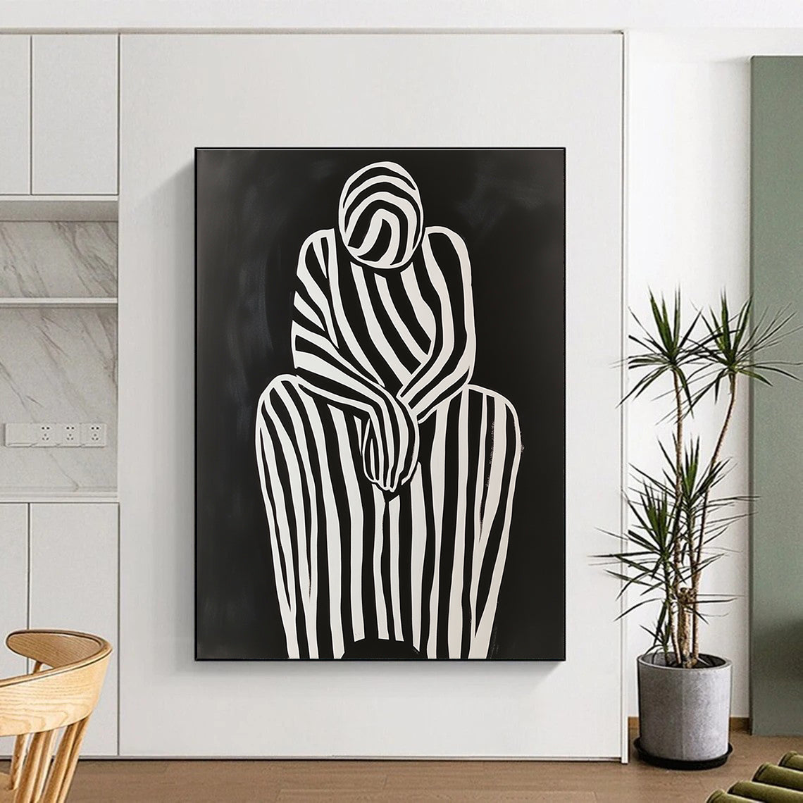 Striped Figure in Contemplation Minimalist Narrative Abstract Painting GAB0264