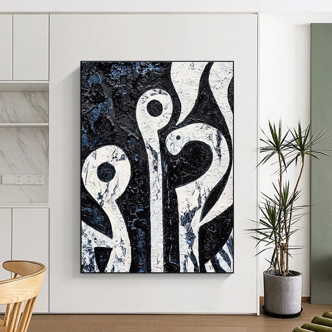 Black and White Organic Shapes Abstract Painting with Textured Surfaces GAB0056