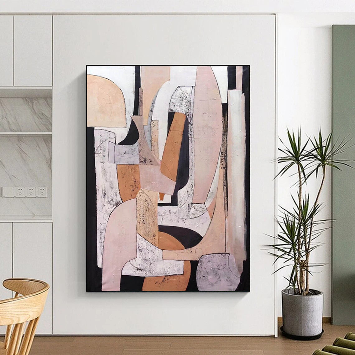 Modern Neutral - Toned Geometric Collage Painting for Contemporary Decor HENG252