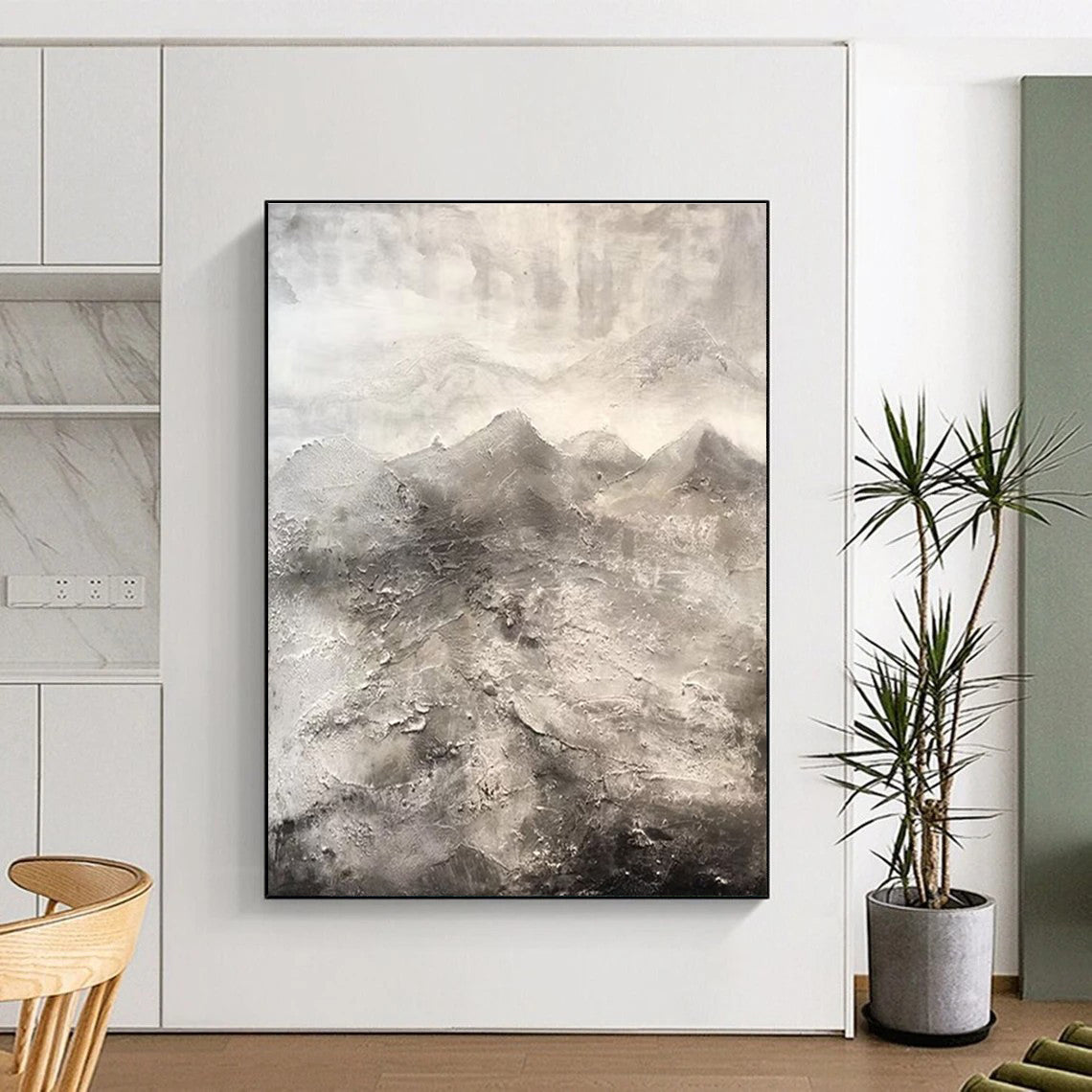 Evocative Gray - Toned Textured Mountains Painting for Nature - Inspired Spaces HENG256