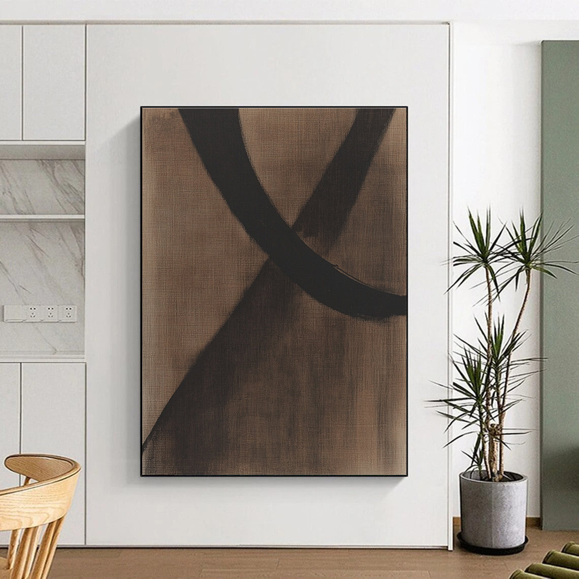 Black Curved Lines on Brown Abstract Painting with Bold Grace WINK046