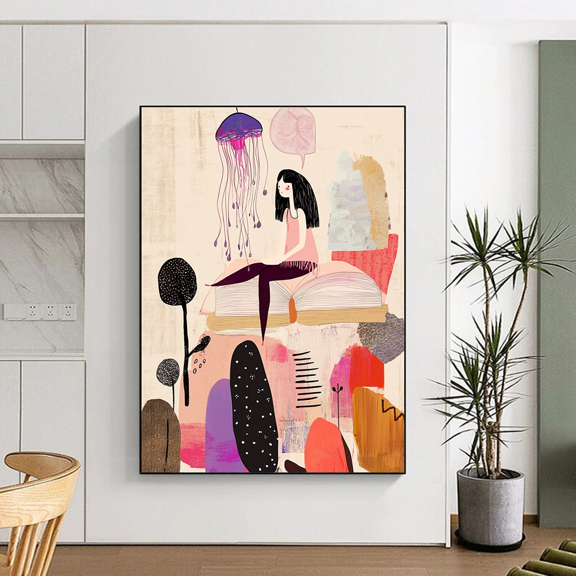 Girl on Book with Jellyfish - Whimsical Narrative Art GAB0394