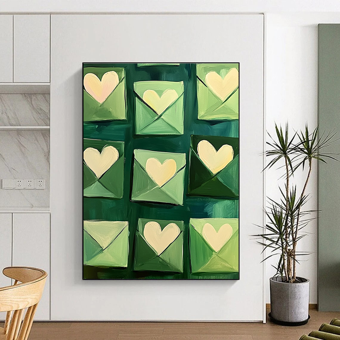Green Envelopes with Hearts Whimsical Abstract Painting for Romantic Spaces GAB1436