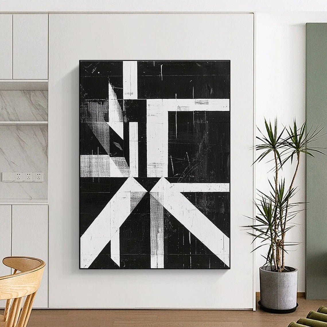 Black and White Geometric Abstract Painting with Bold Structure WINK009