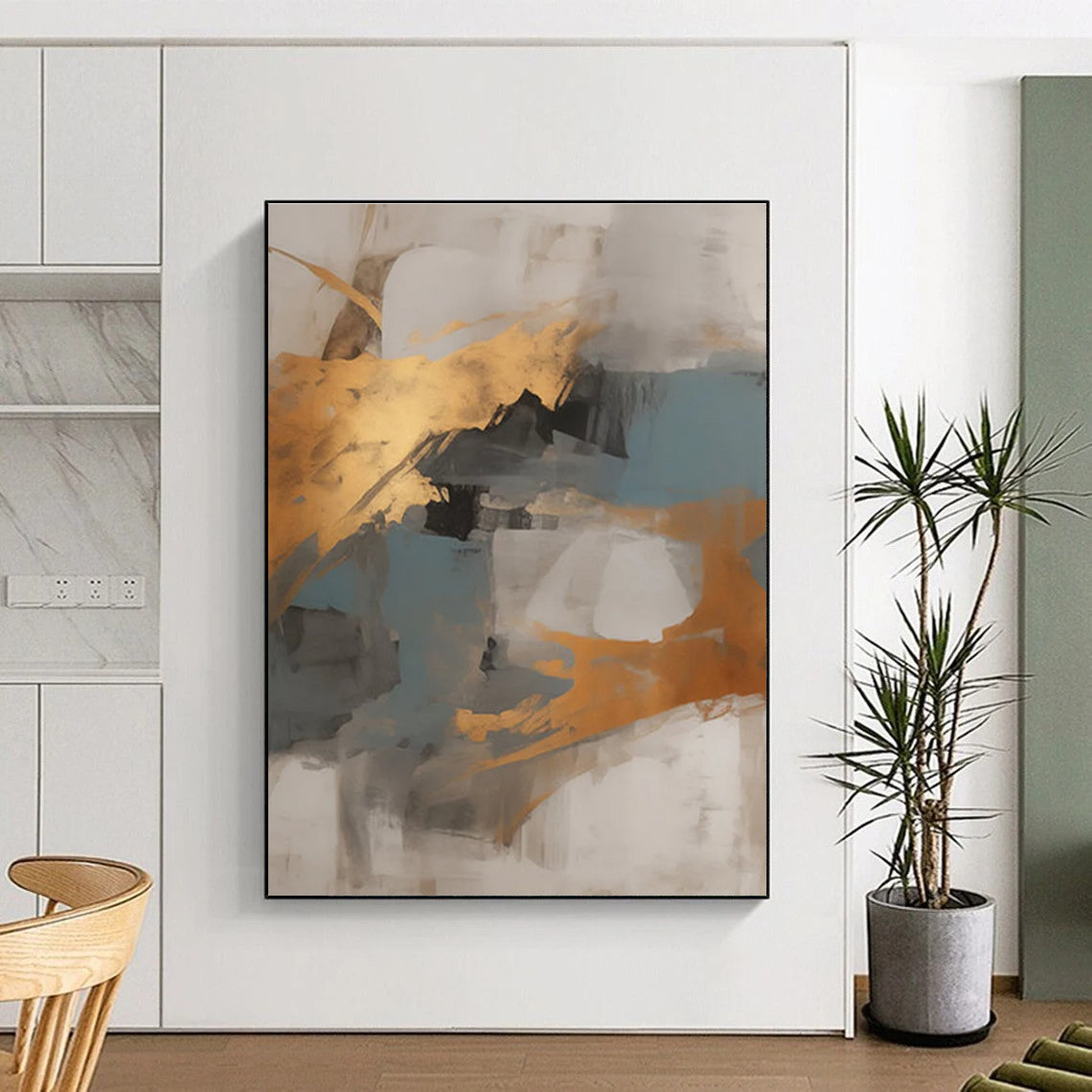 Gray - Gold - Blue Abstract Painting for Sophisticated Office Lounges HENG136