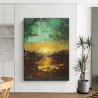 Green - Gold Abstract Landscape Painting with Ethereal Sunset WINK430