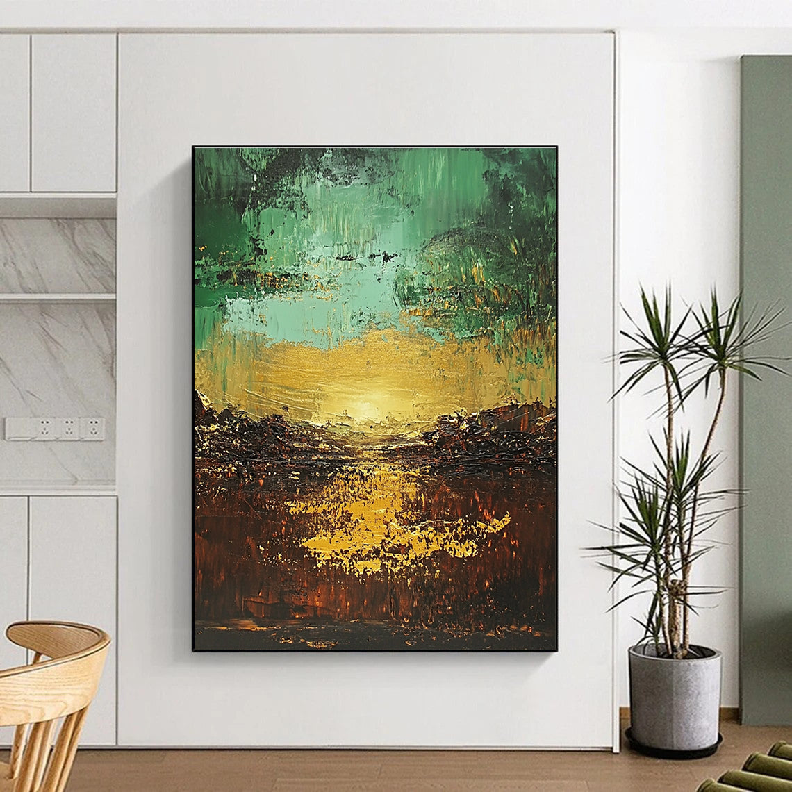 Green - Gold Abstract Landscape Painting with Ethereal Sunset WINK430