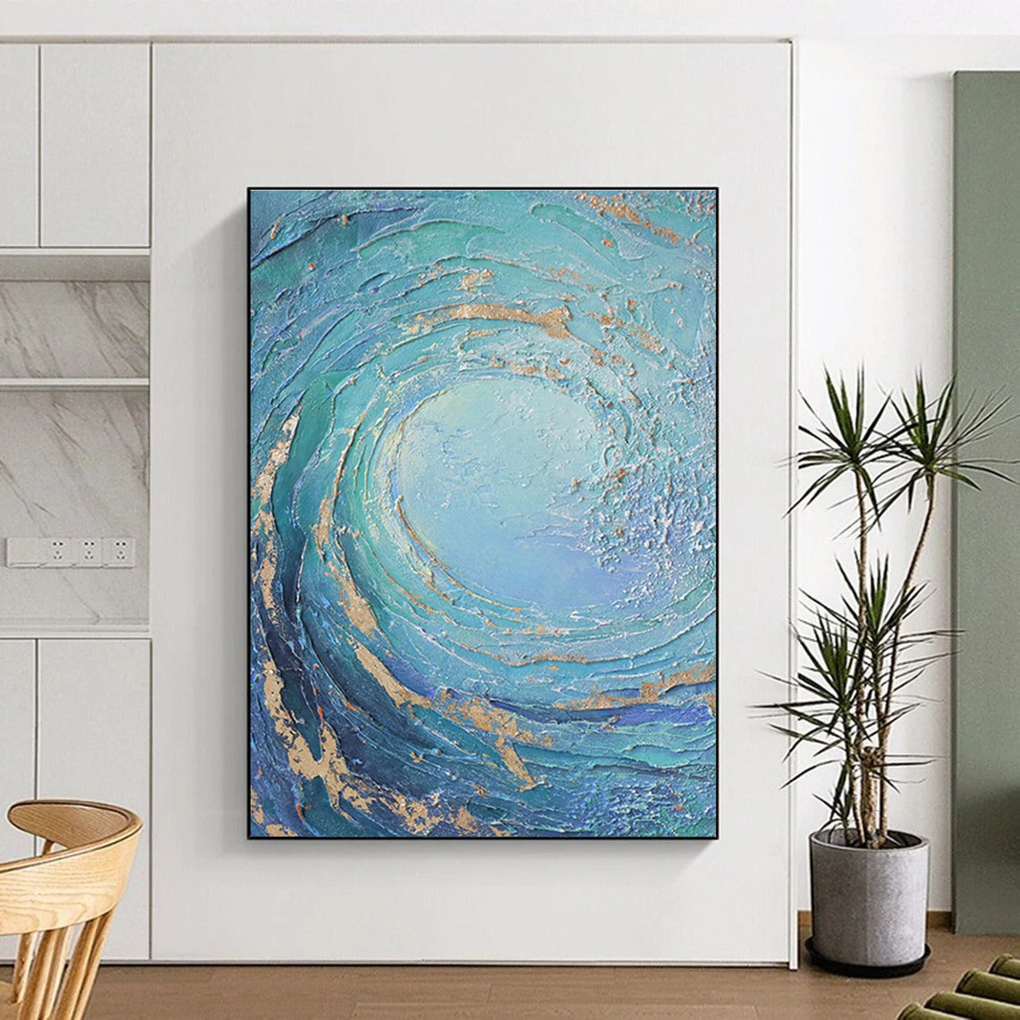 Textured Blue and Gold Vortex Abstract Painting for Luxurious Interiors HENG332