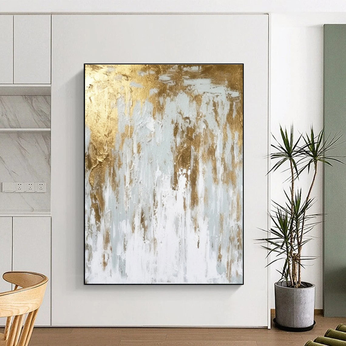 Gold - White Abstract Drip Painting for Modern Minimalist Offices HENG074