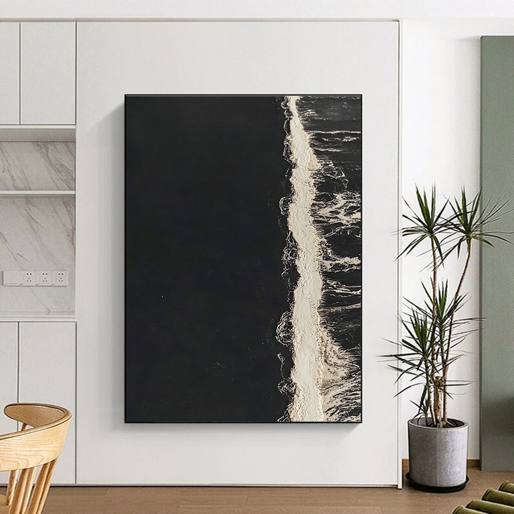 Black and White Wave Contrast Abstract Painting of Minimalist Motion GAB0181