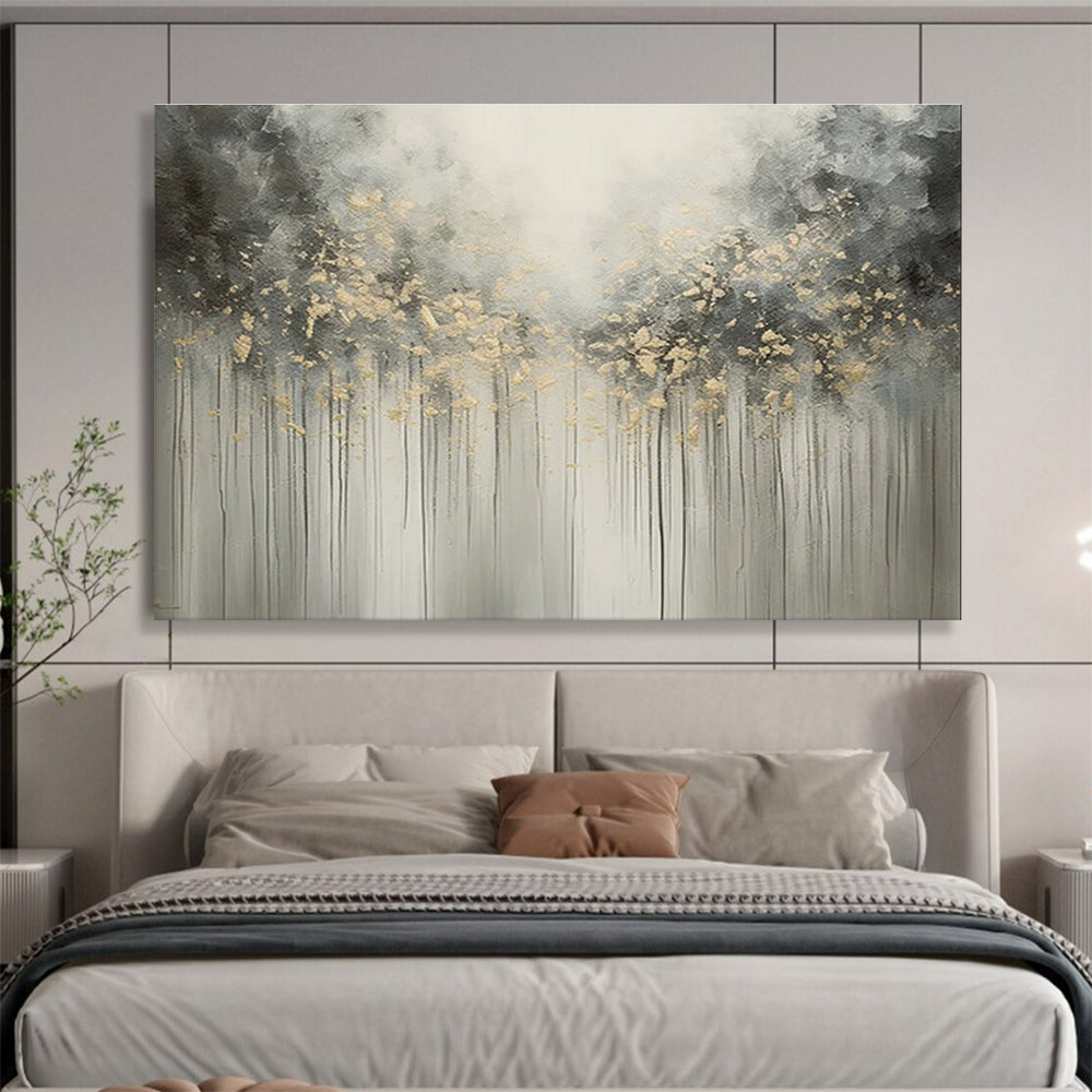 Gray and Gold Dripping Trees Abstract Painting for Elegant Living Rooms YHT320