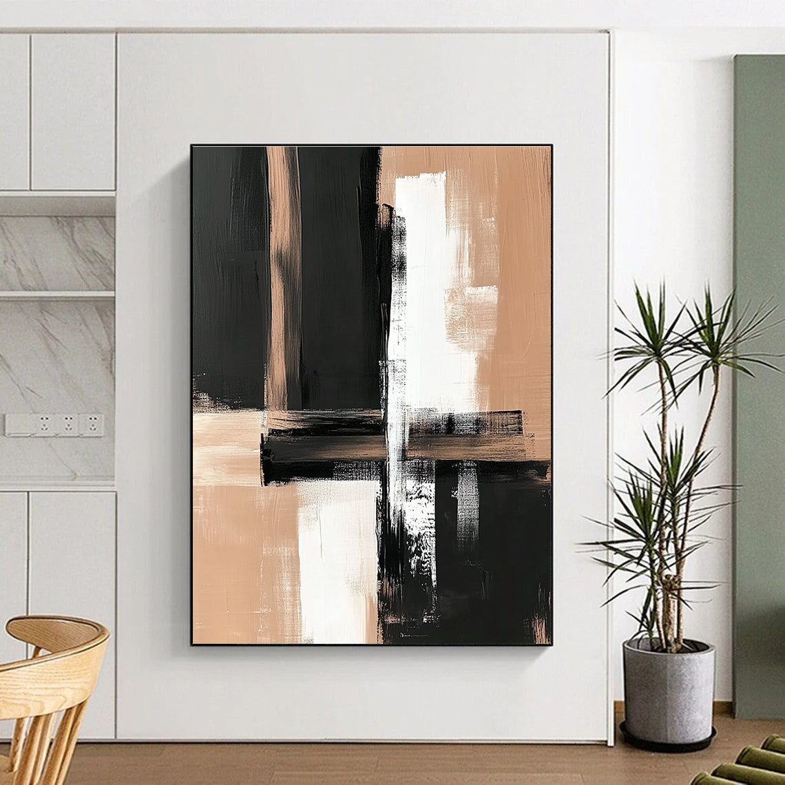 Black and Beige Abstract Painting with Bold Brushstrokes WINK861