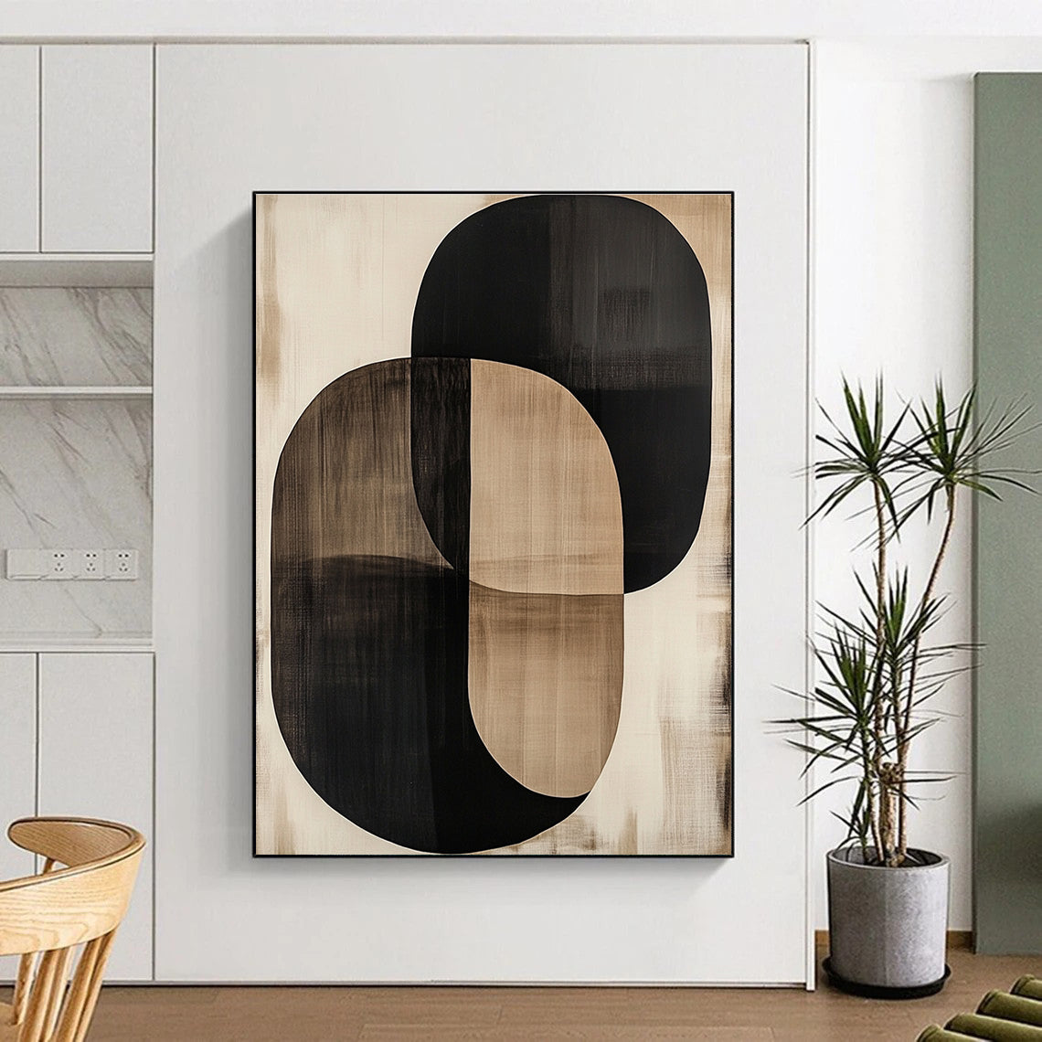 Overlapping Black and Beige Ovals Abstract Painting with Subtle Layers WINK244