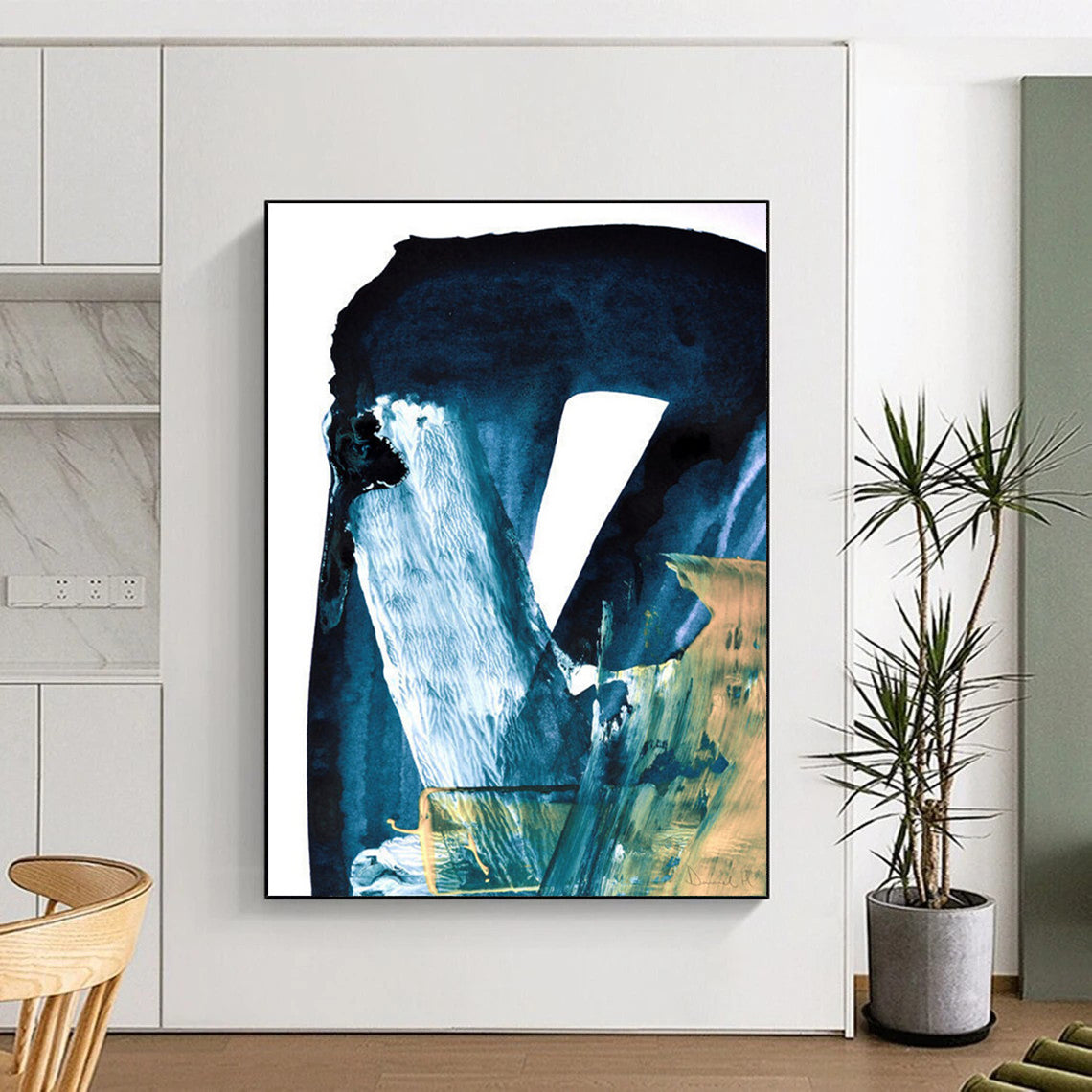 Blue - Toned Abstract with Gold Accents Painting for Luxury Home Entrances HENG190