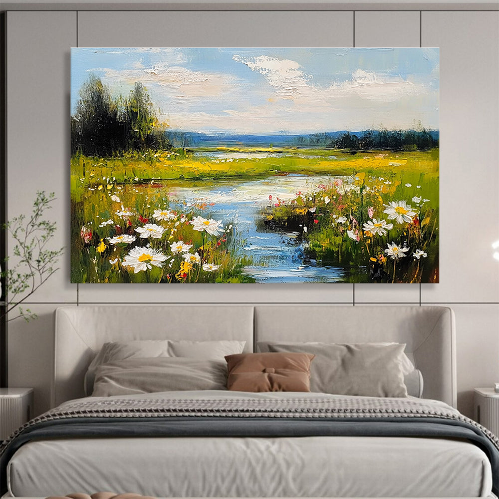 Flower - Filled River Landscape Abstract Painting with Vibrant Nature ABS594
