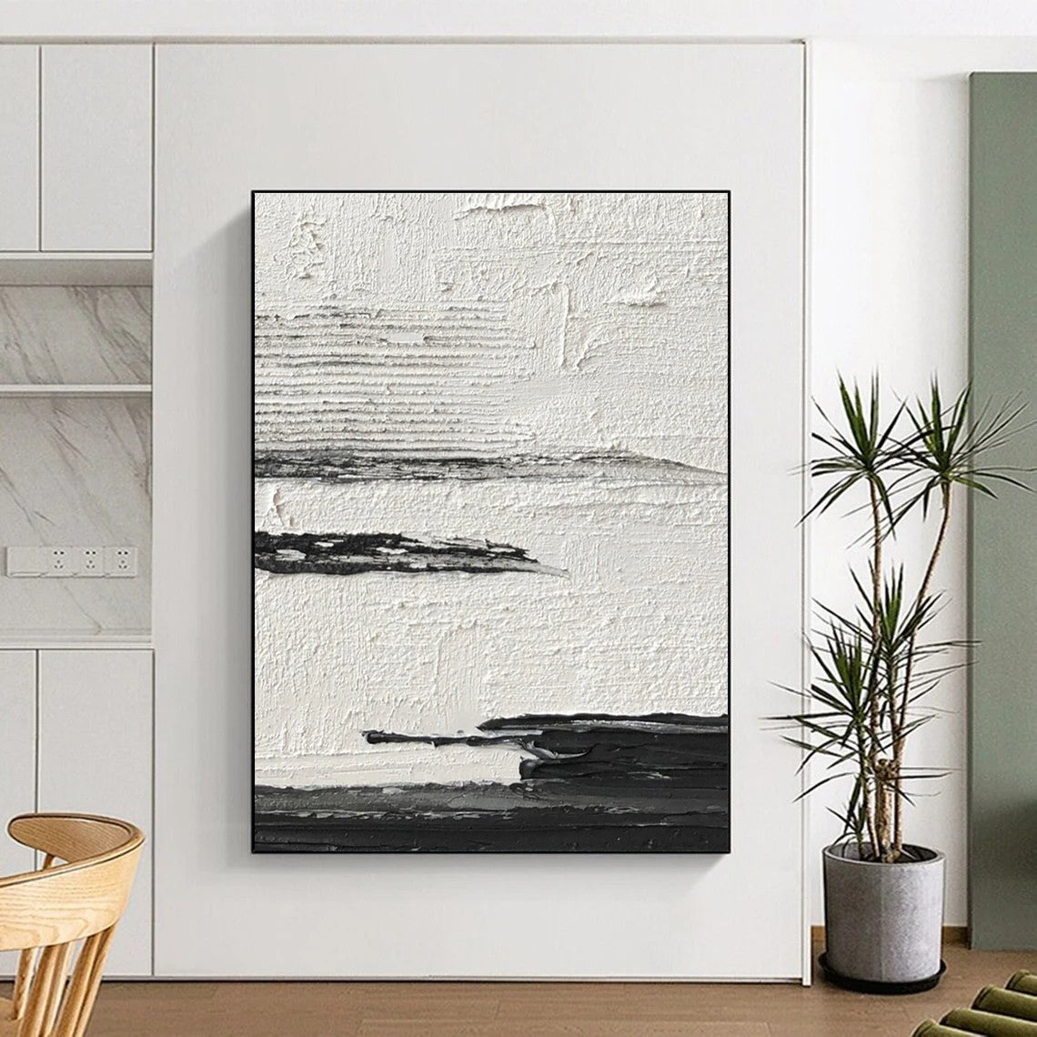 Black and White Textured Horizontal Layers Abstract Painting for Minimalist Bedrooms HENG369