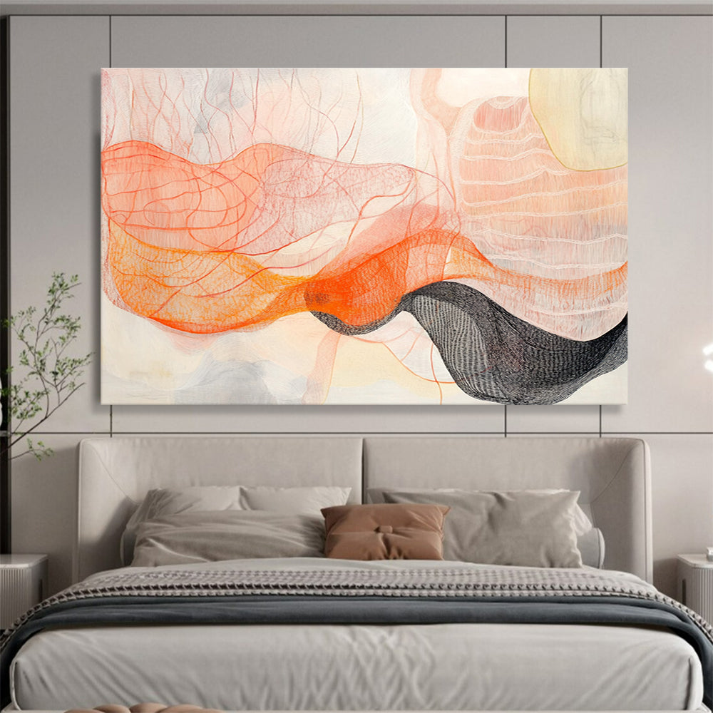 Orange and Pink Line Abstract Painting with Delicate, Flowing Textures ABS462
