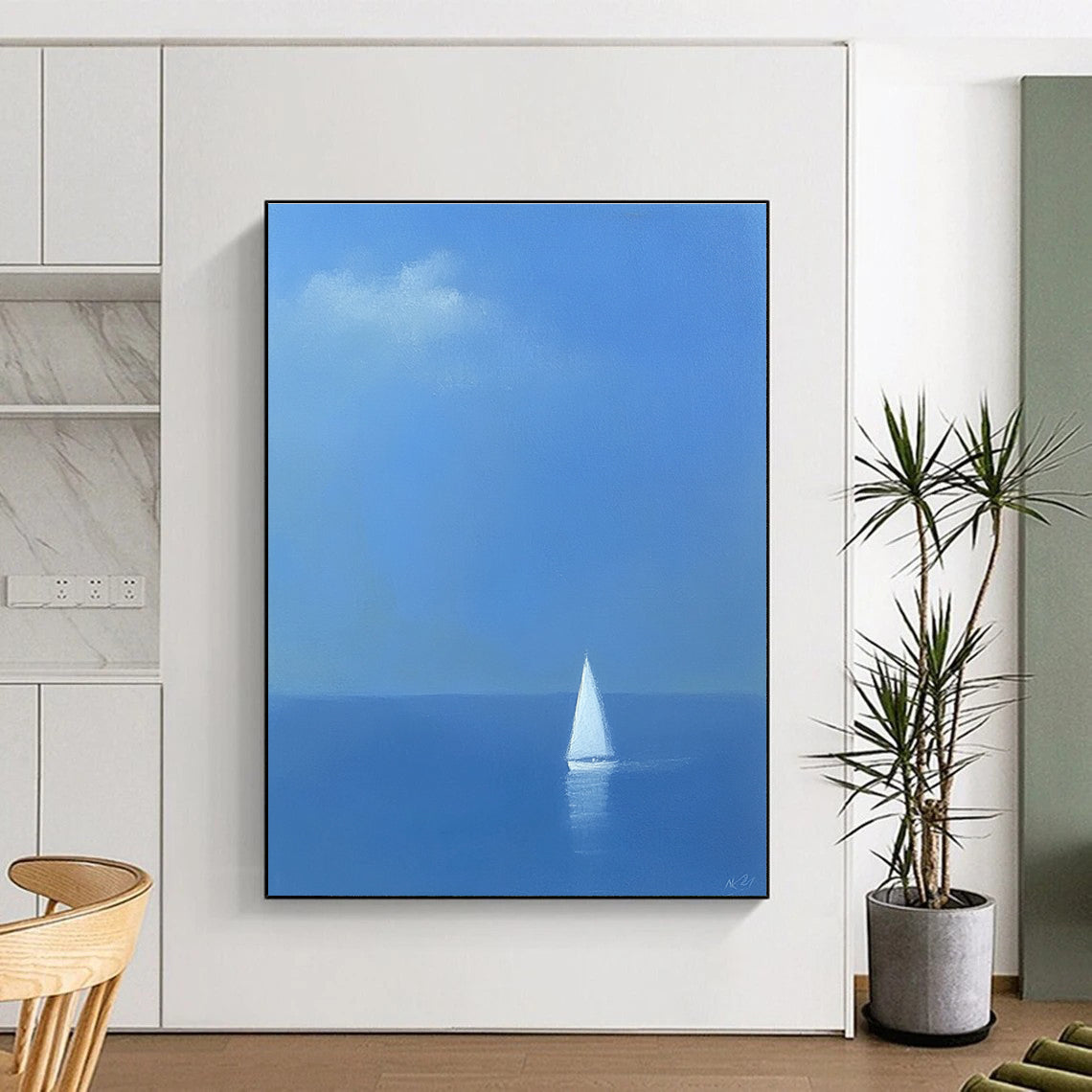 Solitary Sailboat at Sea - Calming Nautical Abstract Painting GAB0413