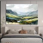 Mountain Valley with River Abstract Painting with Lush Greens ABS597