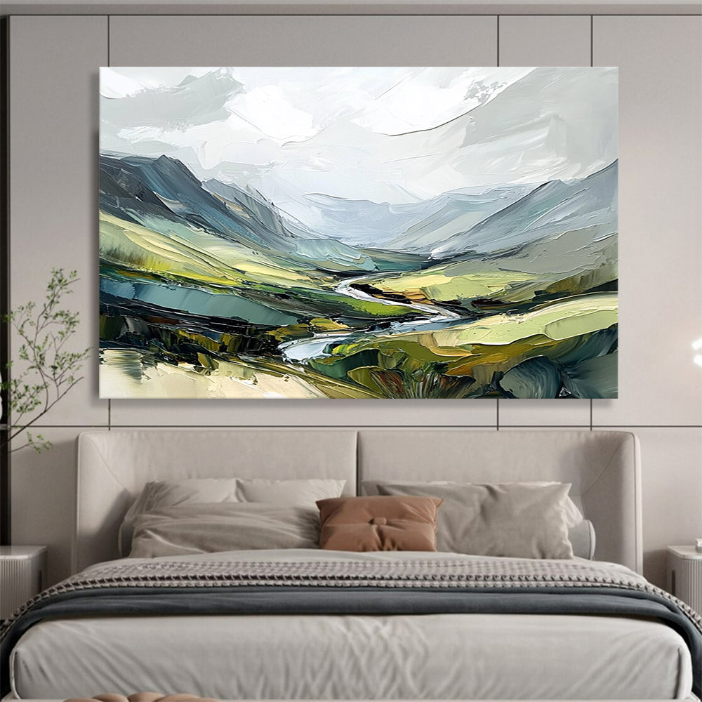 Mountain Valley with River Abstract Painting with Lush Greens ABS597
