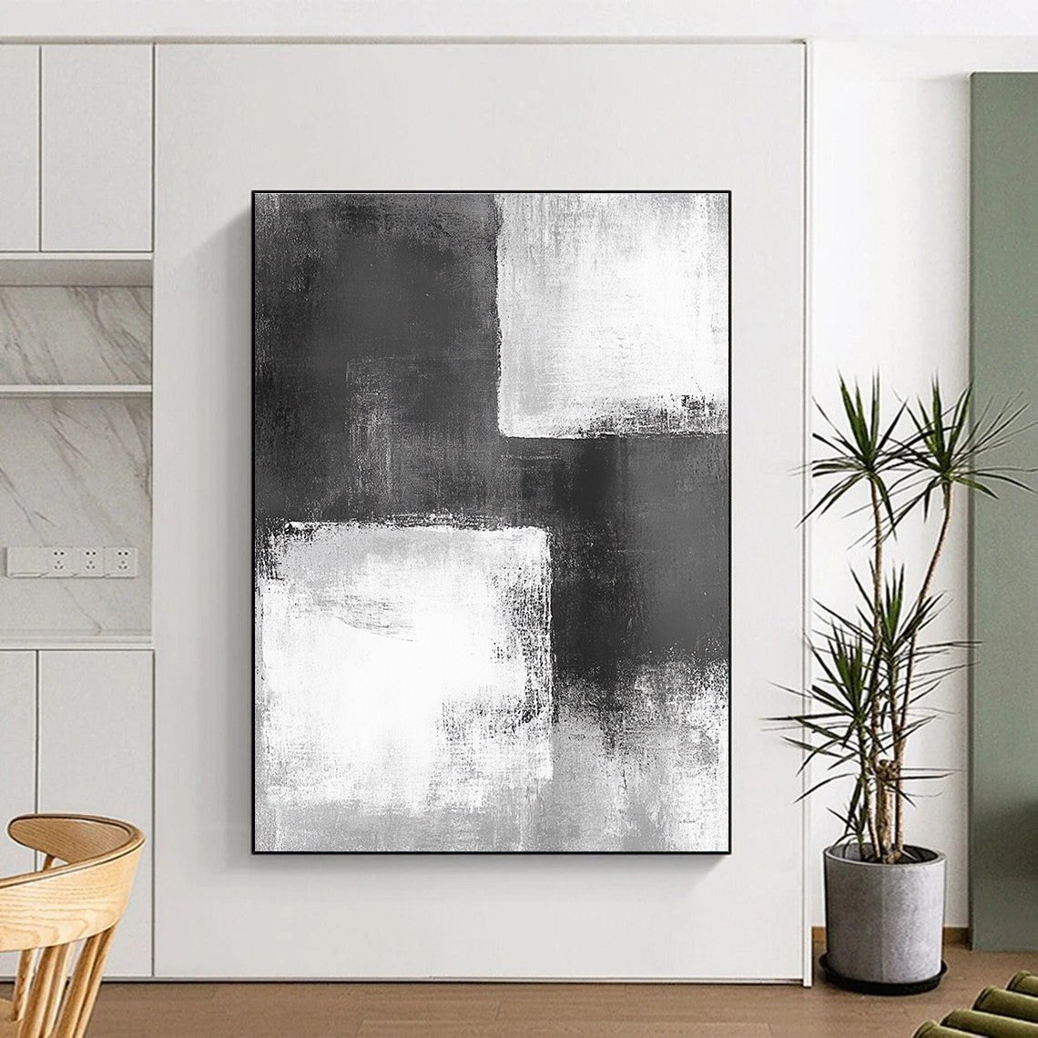 Black - White Abstract Squares Painting with Geometric Intrigue WINK421