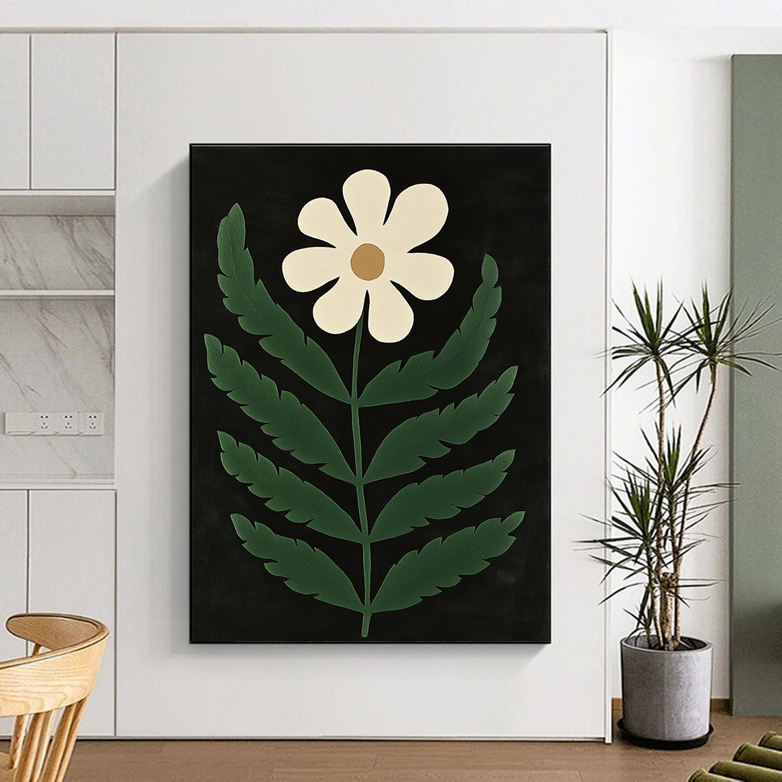 White Flower Minimalist Abstract Painting for Scandinavian - Style Bedrooms GAB1337