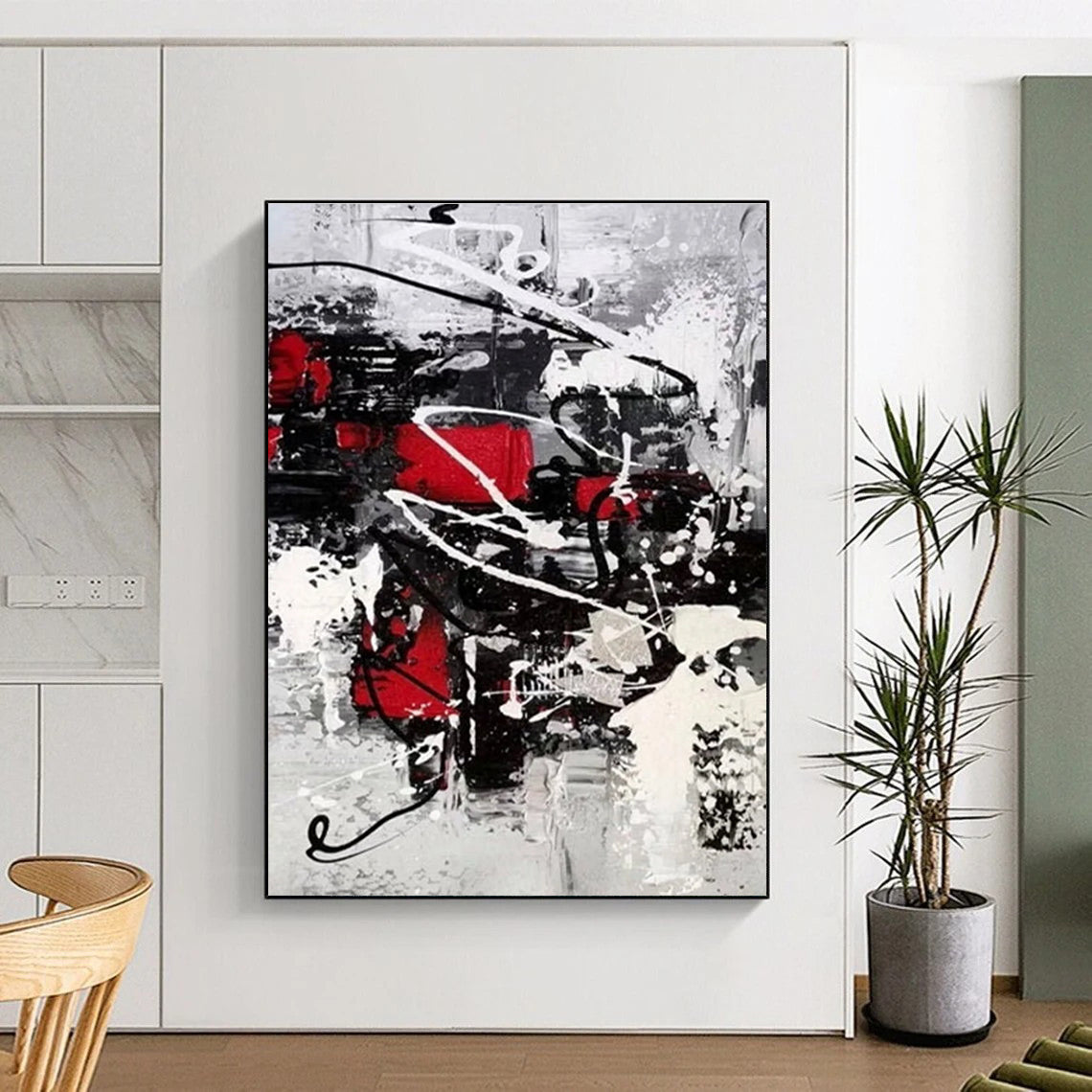 Red - Black - White Dynamic Abstract Painting for Creative Studios HENG383