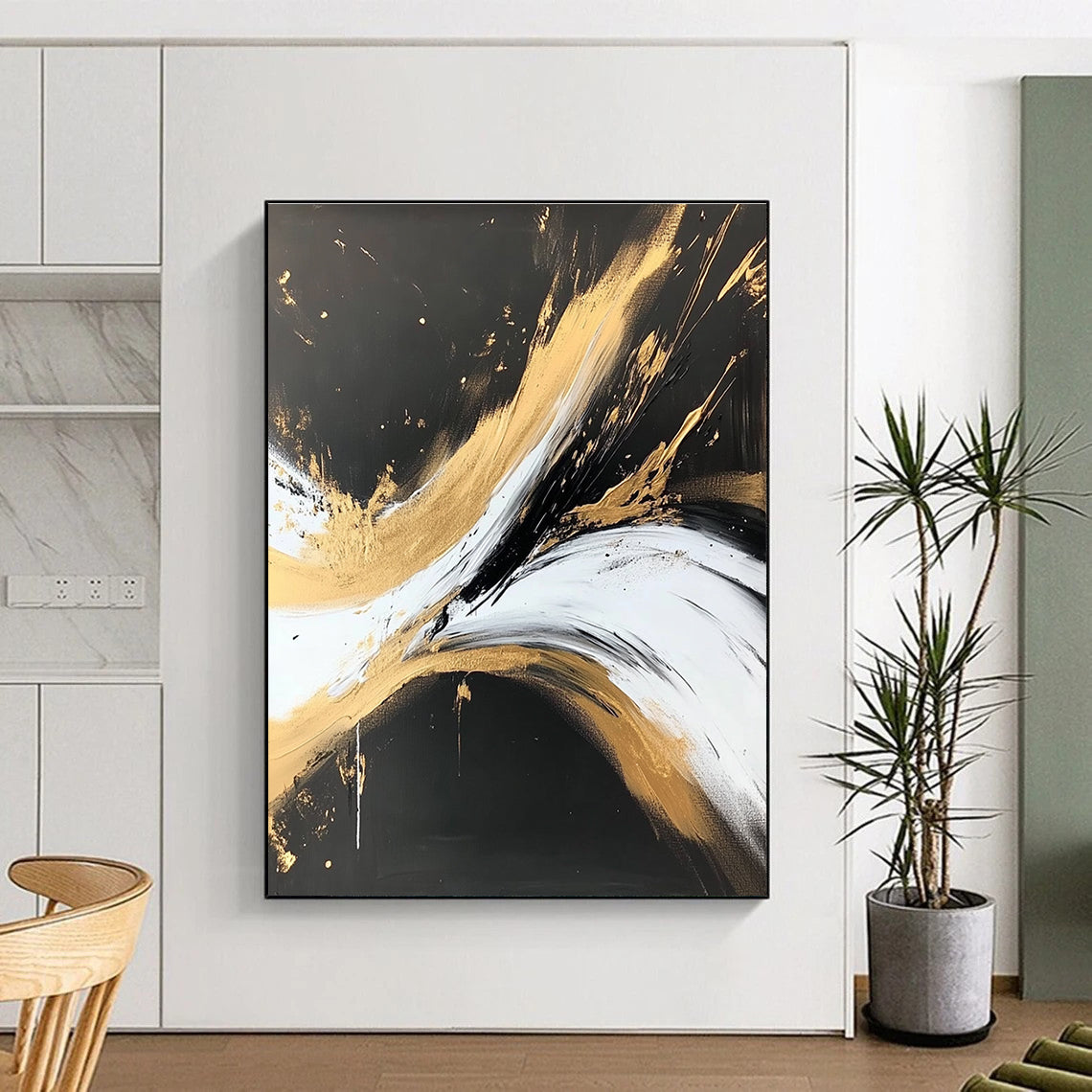 Black Gold and White Abstract Painting with Regal Drama WINK316