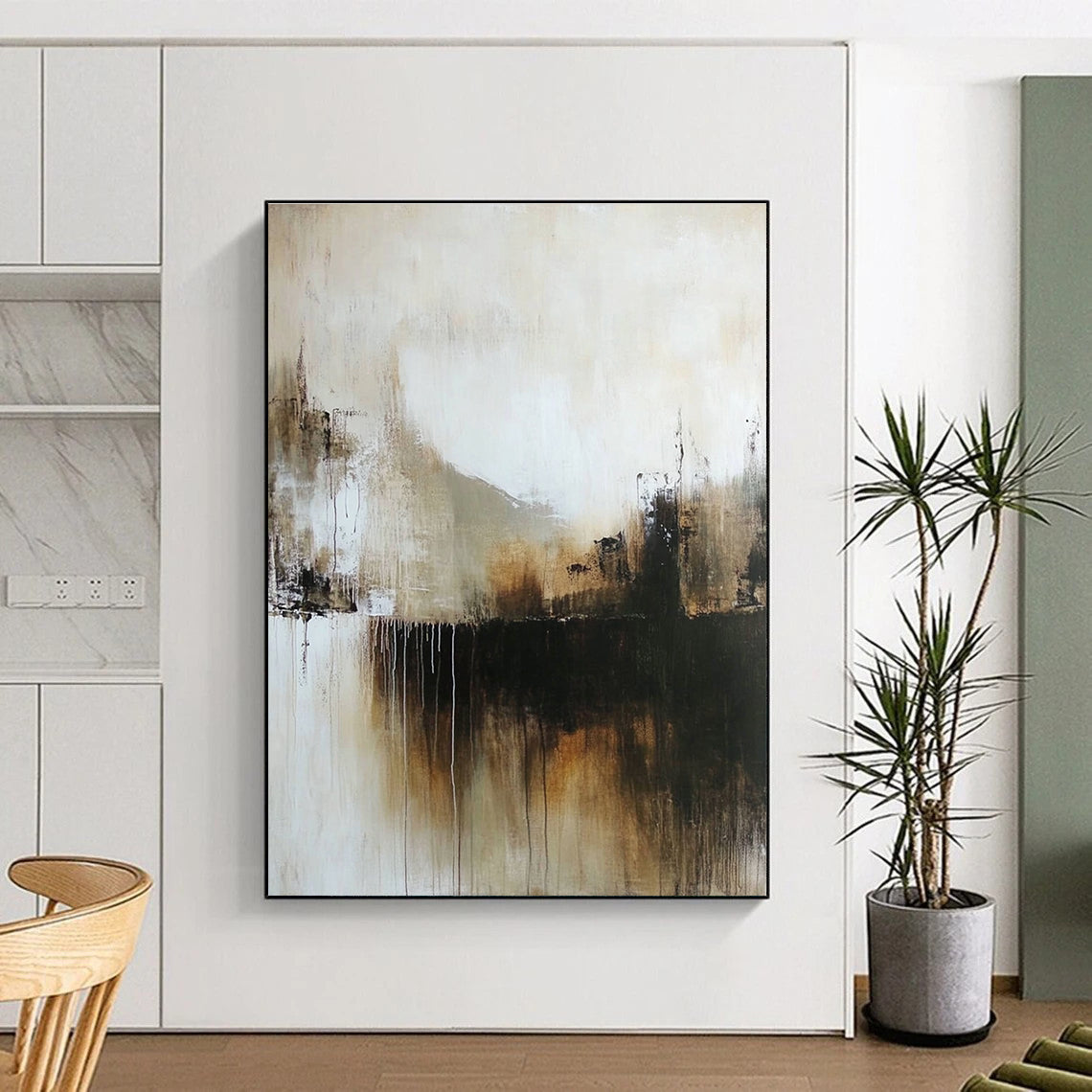 Beige and Black Drip Abstract Painting for Industrial - Styled Lofts GAB1094