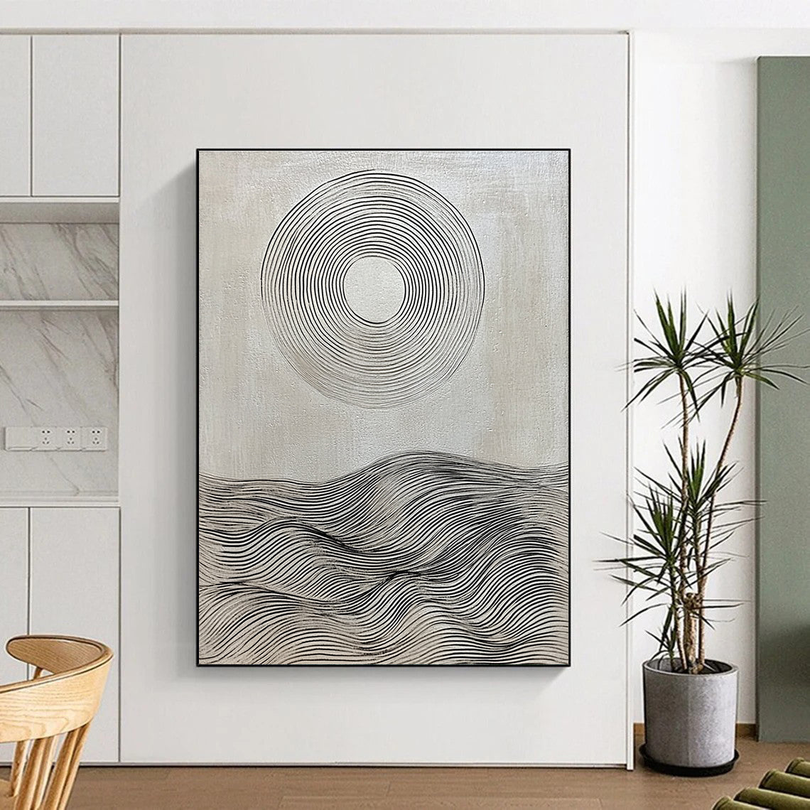Black and White Wave Circle Painting of Minimalist Serenity GAB0164