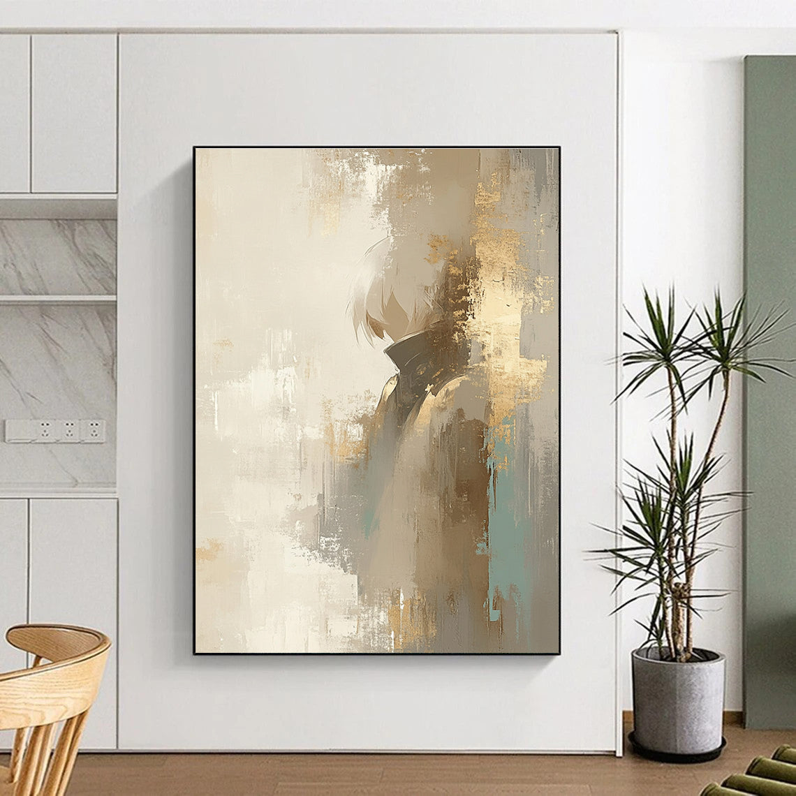 Figure in Neutral Tones Abstract Painting with Gold Accents GAB0690
