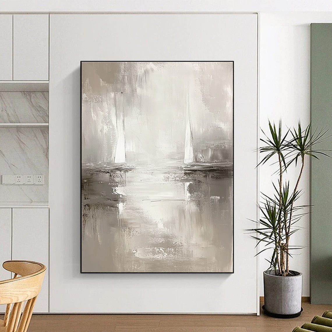 Monochrome Sailboat Abstract Painting for Serene Study Nooks GAB0822