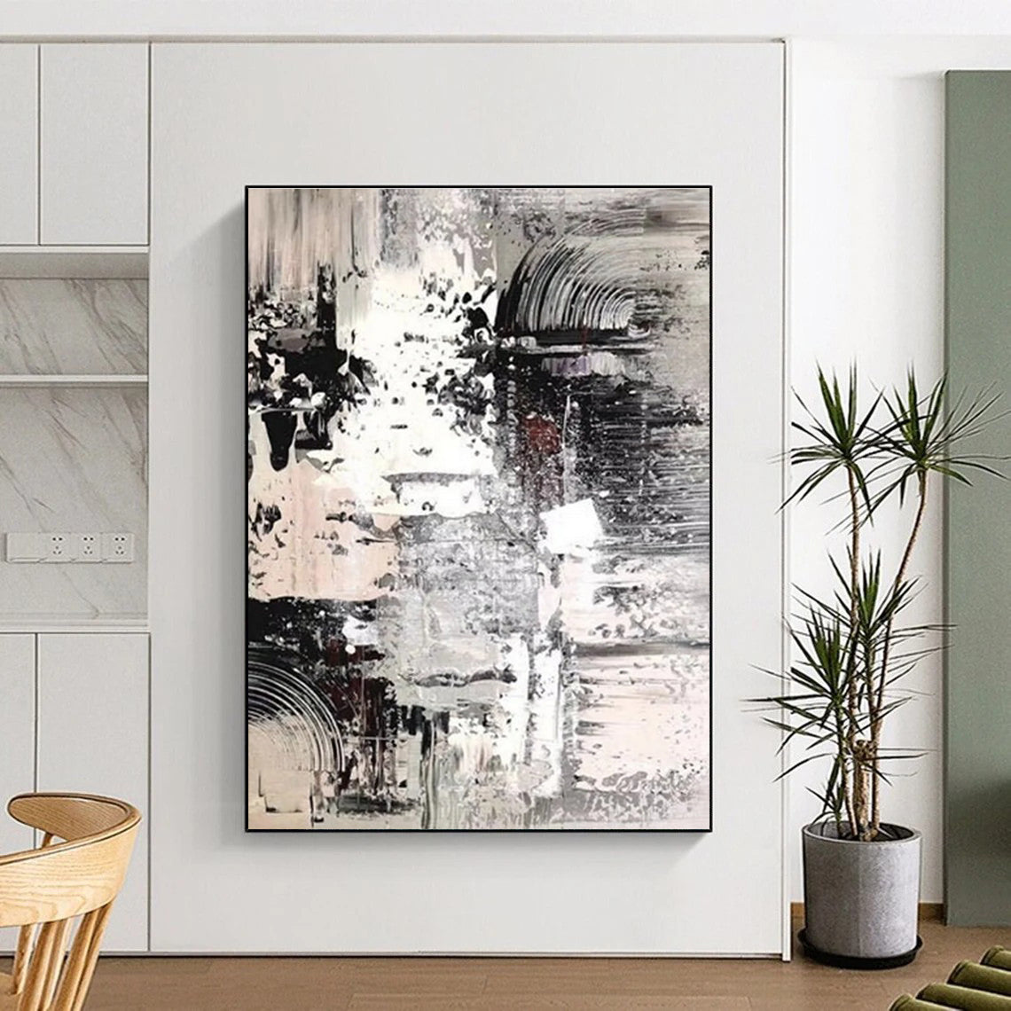 Monochrome Textured Abstract Painting for Serene Home Libraries HENG392