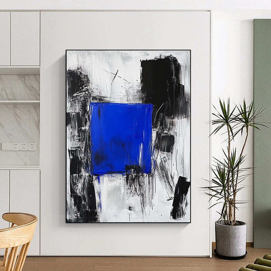 Blue Square in Black and White Chaos Abstract Painting with Focal Contrast WINK025