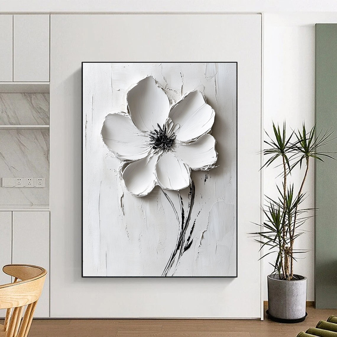 White Flower Relief Abstract Painting for Minimalist Bedrooms GAB1000