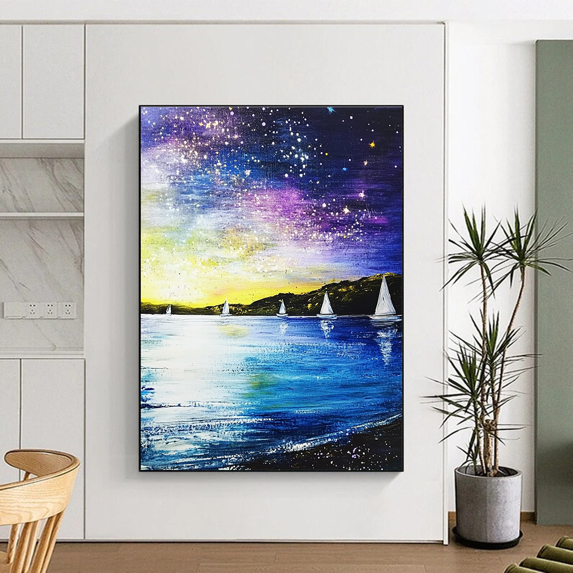 Starry Night Sailboats Abstract Painting for Lakeside Retreats GAB1268