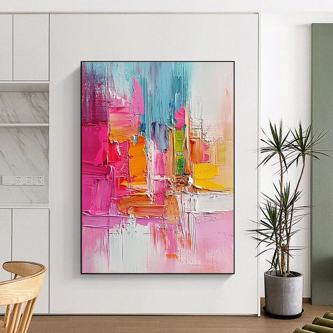 Pink Orange Blue Abstract Painting with Textured Vibrancy WINK519