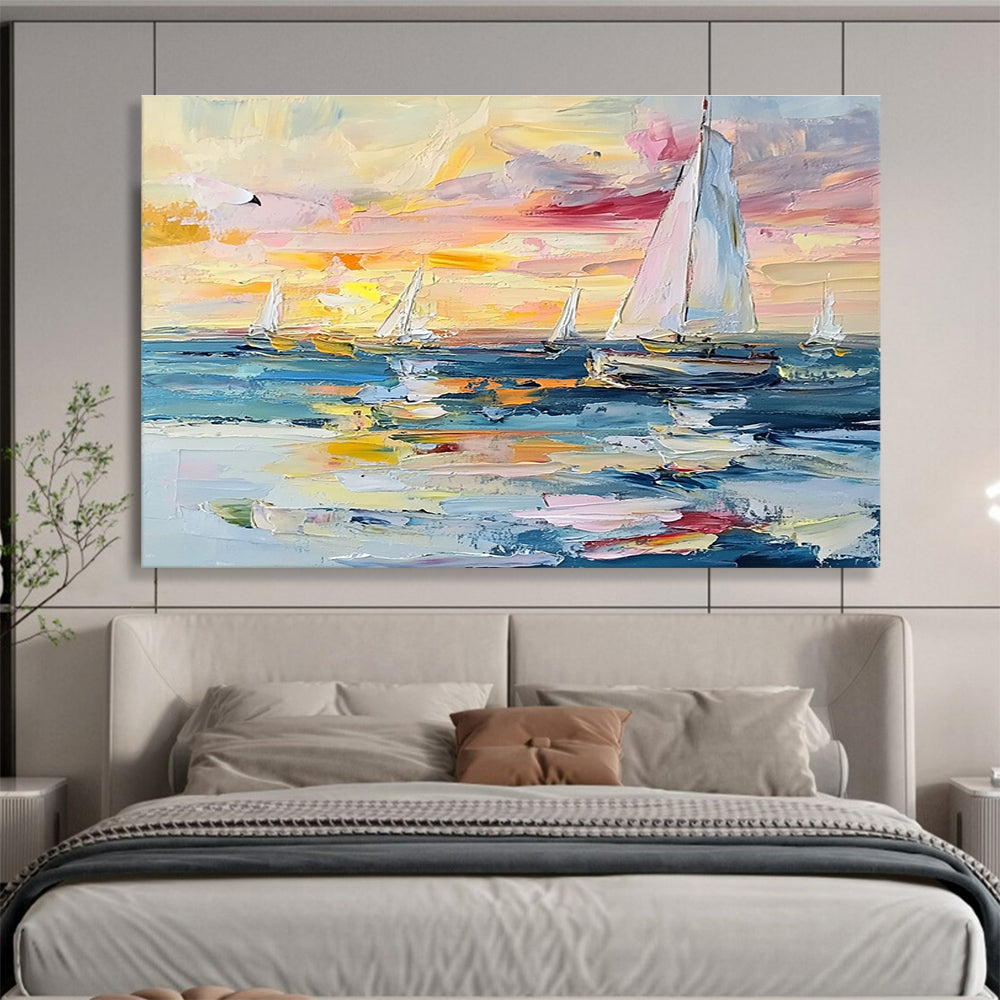Sailboats at Colorful Sunset Abstract Painting with Vibrant Dusk Hues ABS603