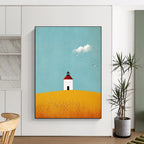 Lighthouse on Yellow Field Abstract Painting of Serene Isolation GAB0180