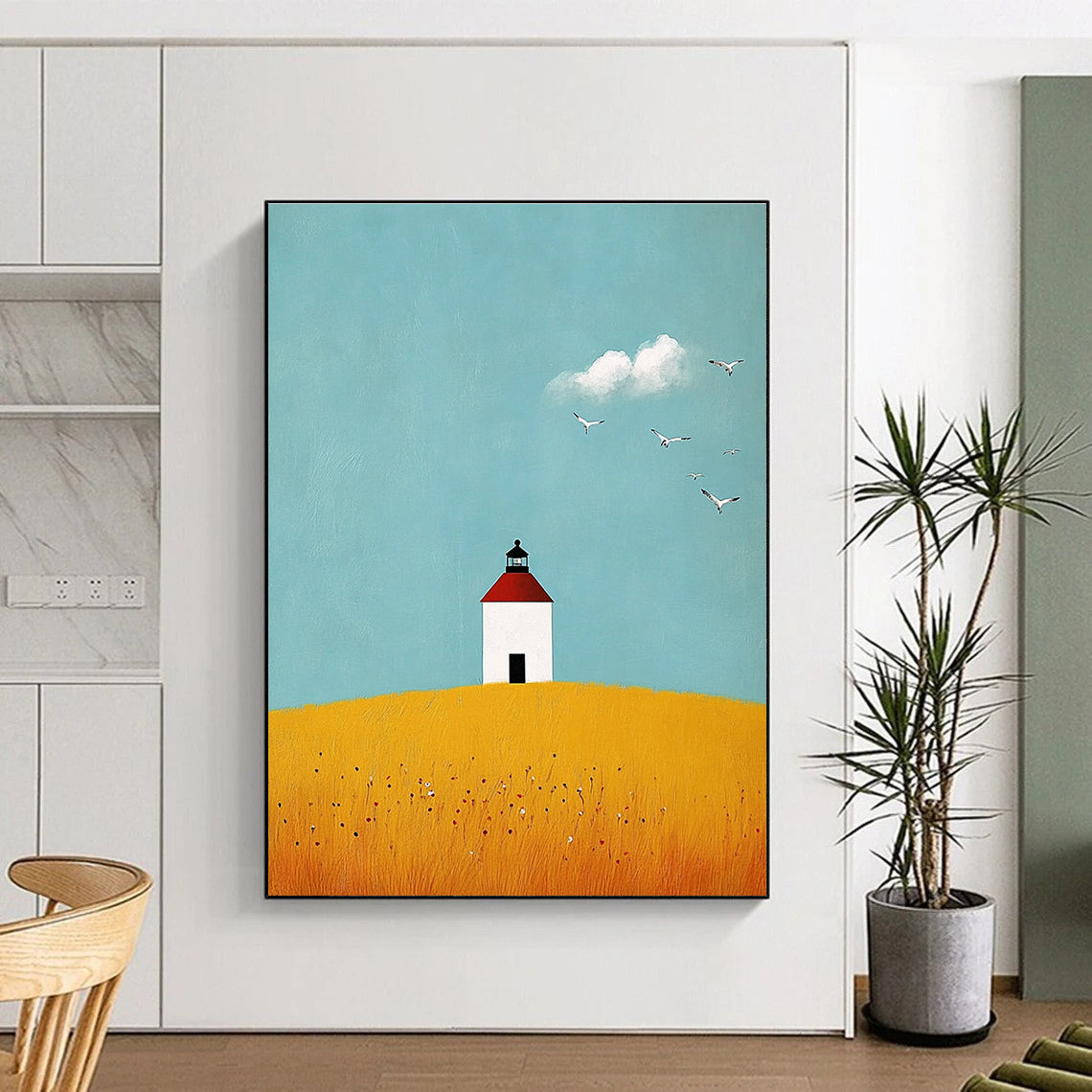 Lighthouse on Yellow Field Abstract Painting of Serene Isolation GAB0180