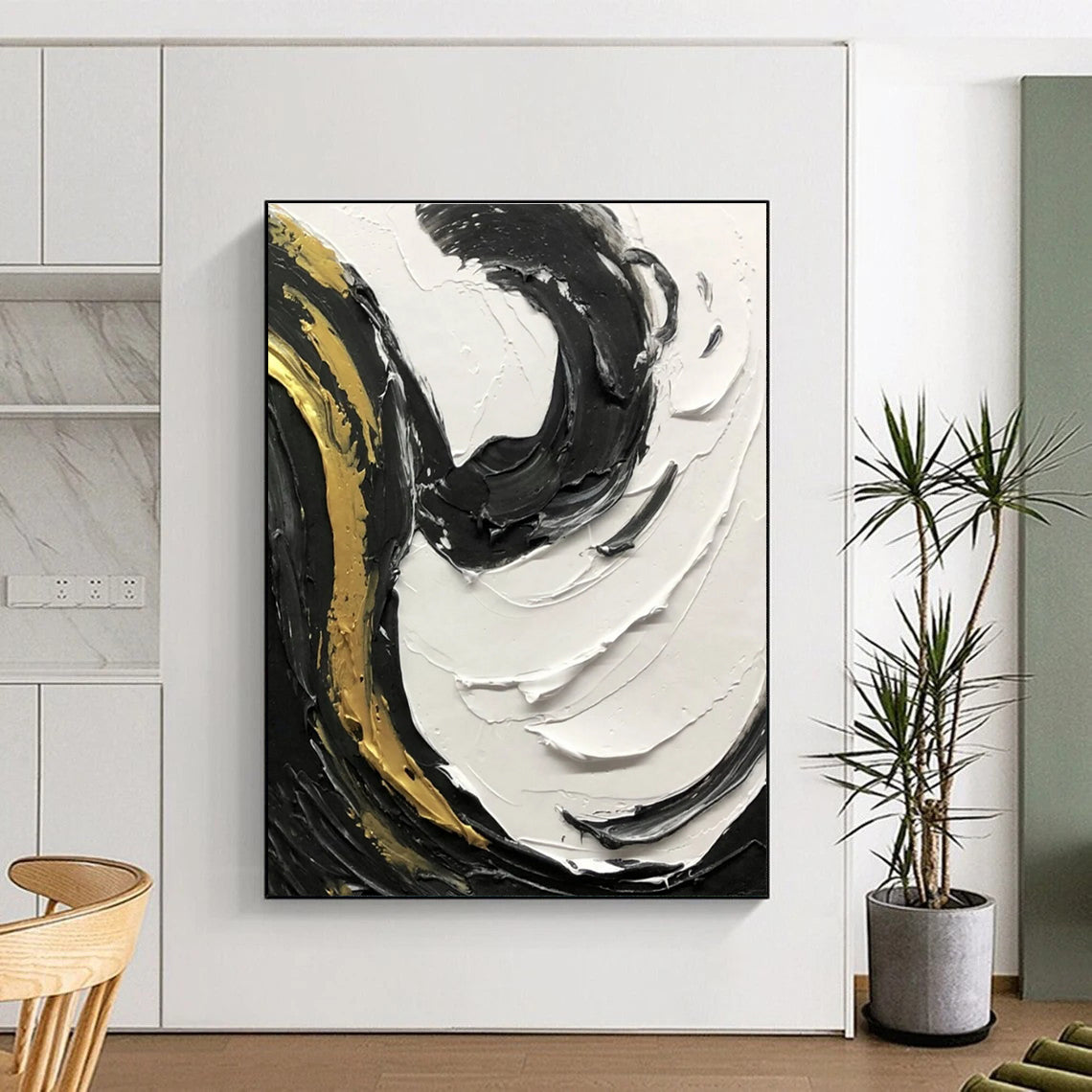 Black - White - Gold Swirl Textured Abstract Painting for Luxury Interiors HENG381